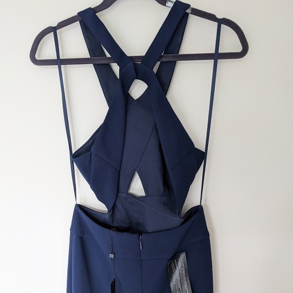 NEW BCBGMAXAZRIA Salome Navy Blue Halter Cross Front Slit Evening Gown Dress - Picture 5 of 9